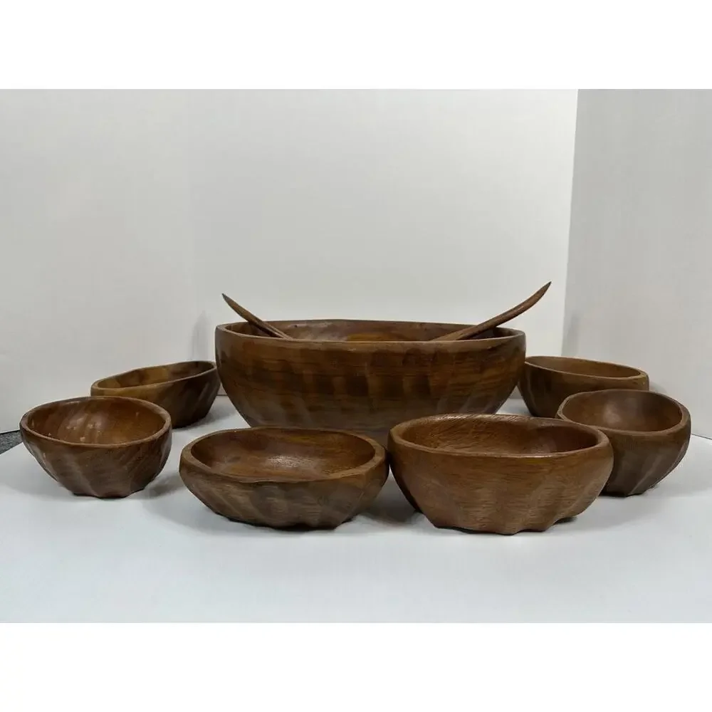 Vintage Wavy Oval Real Teak Wood Salad‎ Bowl Set Gorgeous Wood Grain 9 Niece